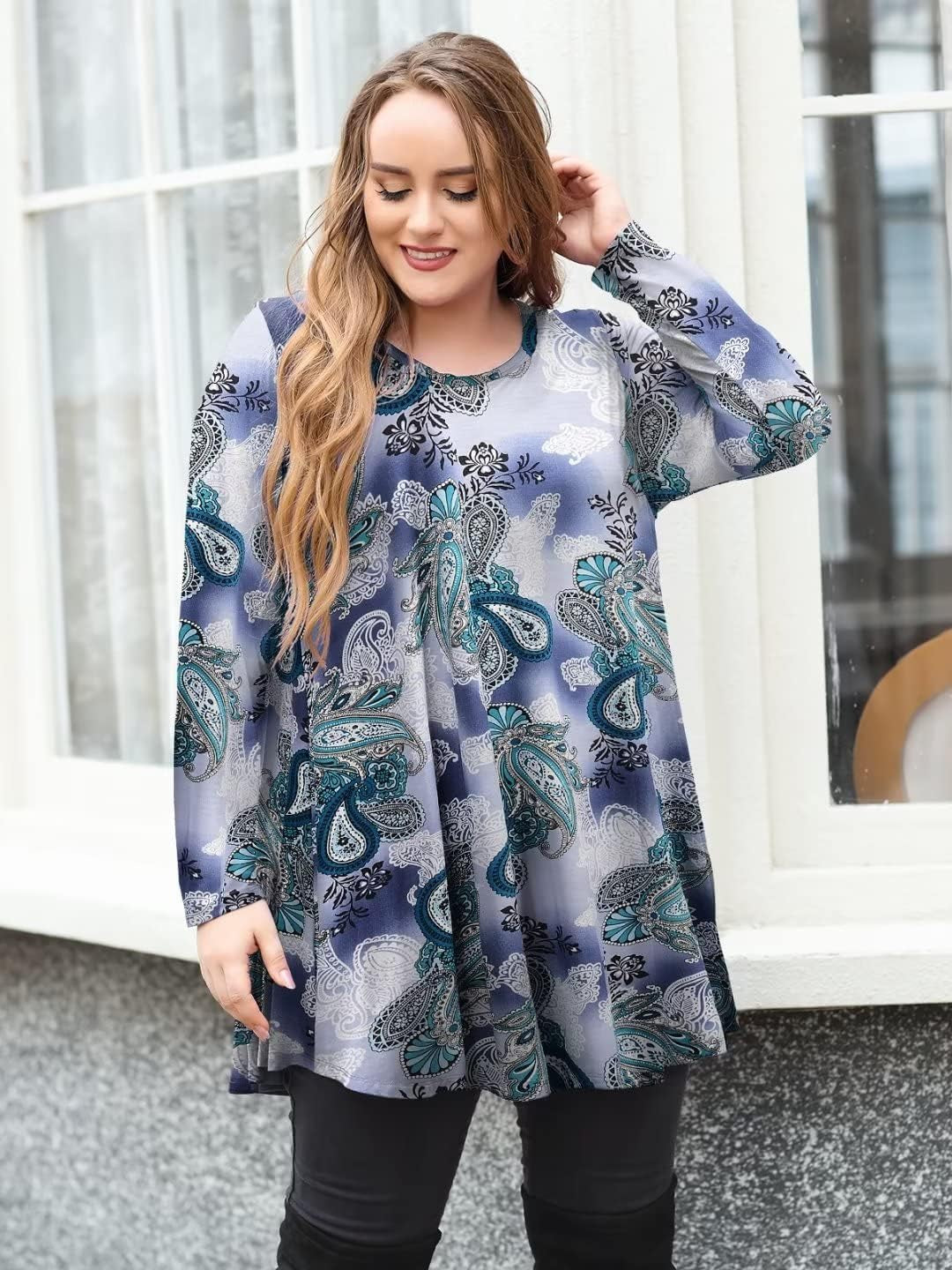 plus Size Tunic Tops Long Sleeve Shirts for Women Swing Flowy Loose Fit Clothes for Leggings