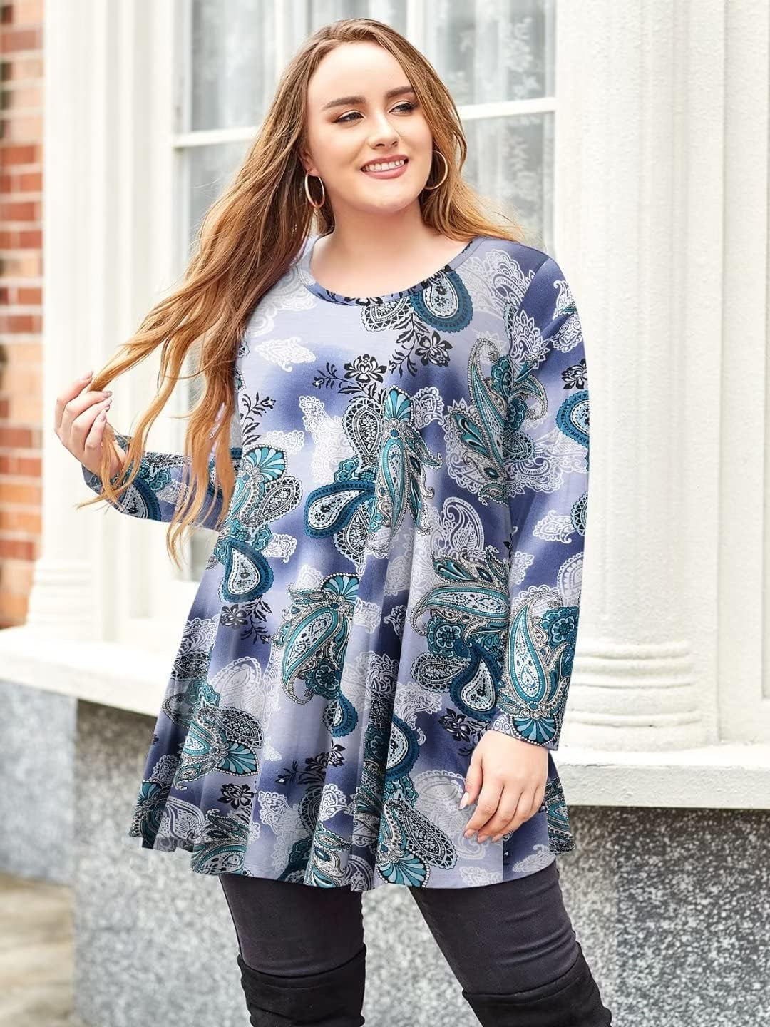 plus Size Tunic Tops Long Sleeve Shirts for Women Swing Flowy Loose Fit Clothes for Leggings